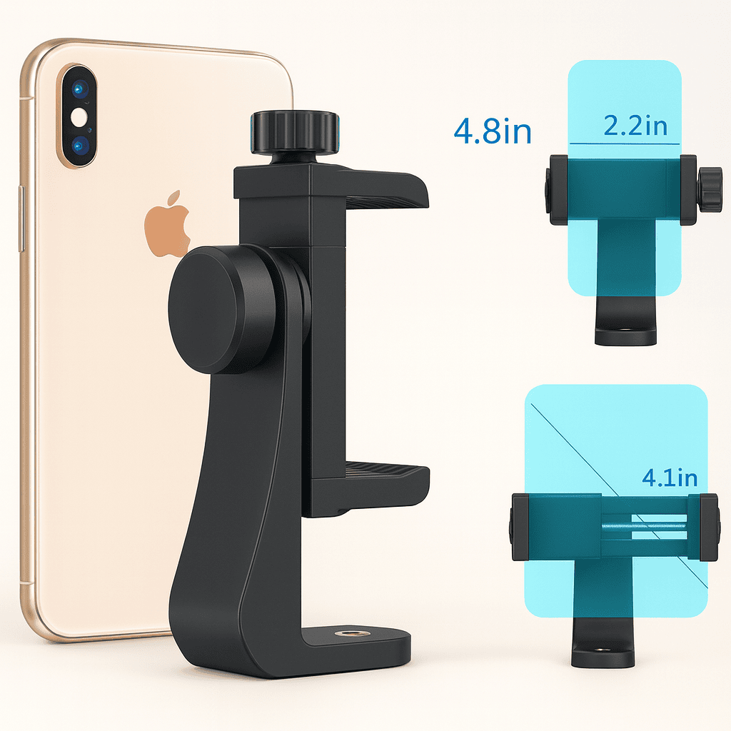 Premium 360° Rotatable Cell Phone Holder with Adjustable Clamp - Universal Tripod Mount Adapter for All Smartphones and Tripods - Black Thumbnail 6