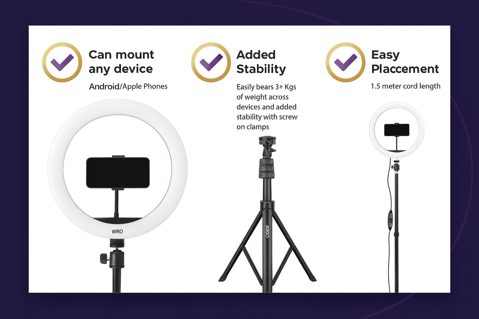 12 Inch LED Ring Light with Tripod Stand, Phone Holder for Reels, 3 Color Modes, Dimmable Video Ring Flash for Makeup, YouTube, TikTok (White) Thumbnail 2