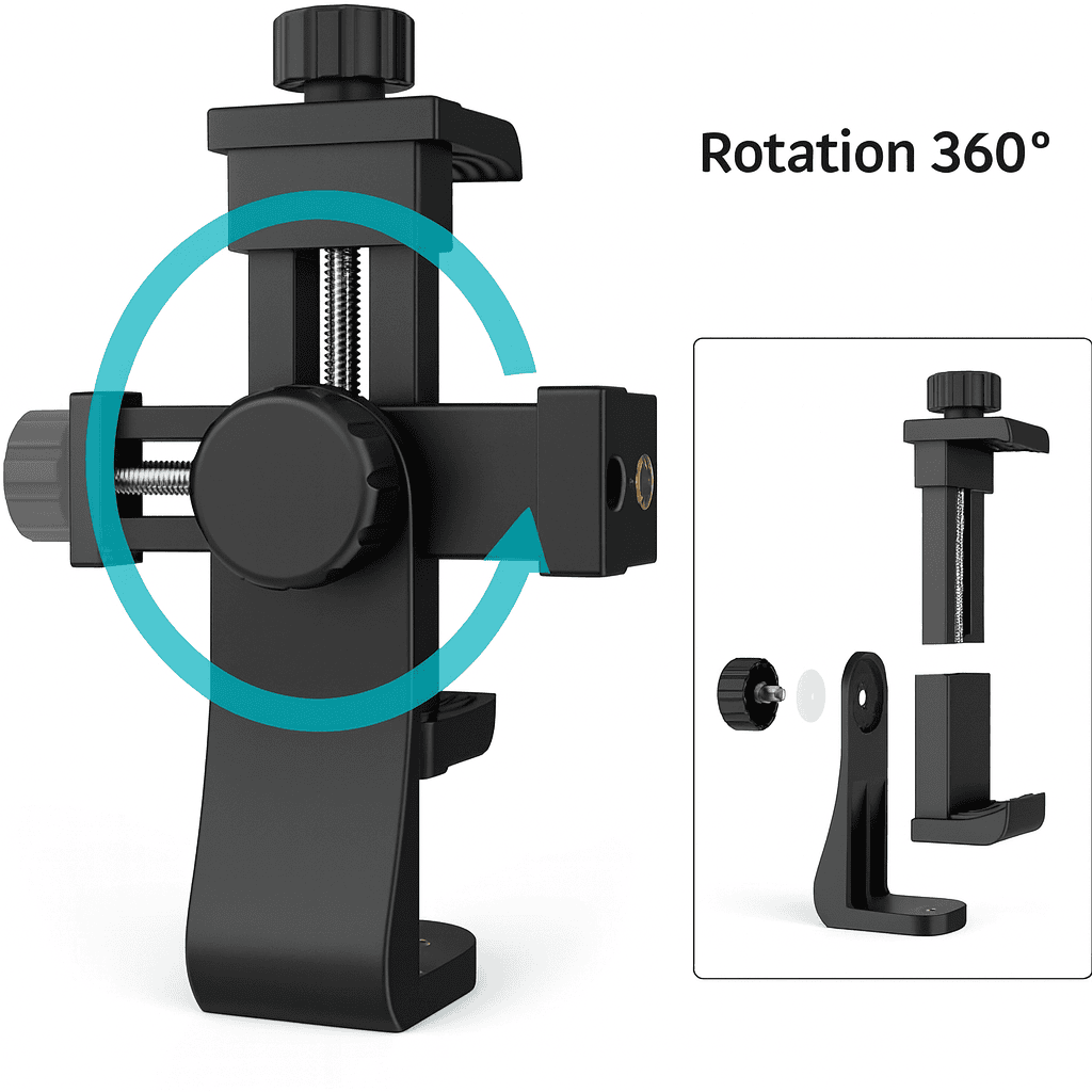 Premium 360° Rotatable Cell Phone Holder with Adjustable Clamp - Universal Tripod Mount Adapter for All Smartphones and Tripods - Black Thumbnail 2