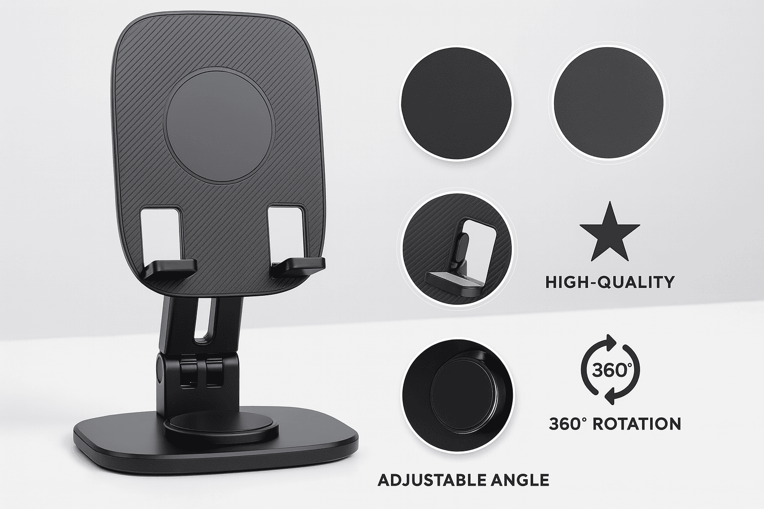 Mount 360° Rotating Metal Foldable Phone Stand – Heavy-Duty Universal Desktop Holder (Black) Thumbnail 2