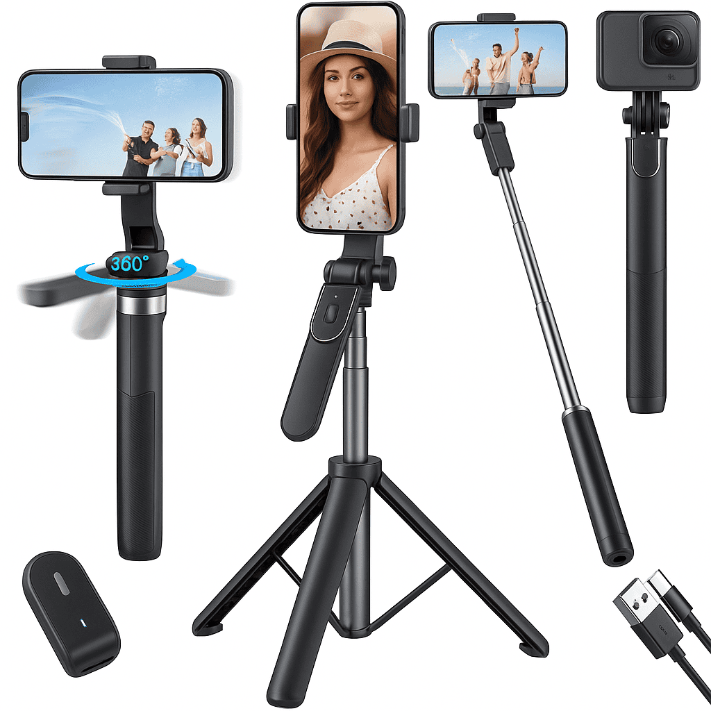 Vanguard Elite 65-Inch Selfie Stick Tripod with Reinforced 4-Leg Stand, 360° Rotatable Handle for Panoramic Shots, Detachable Bluetooth Remote - Premium Stability for Smartphones, GoPro, and Ring Lights