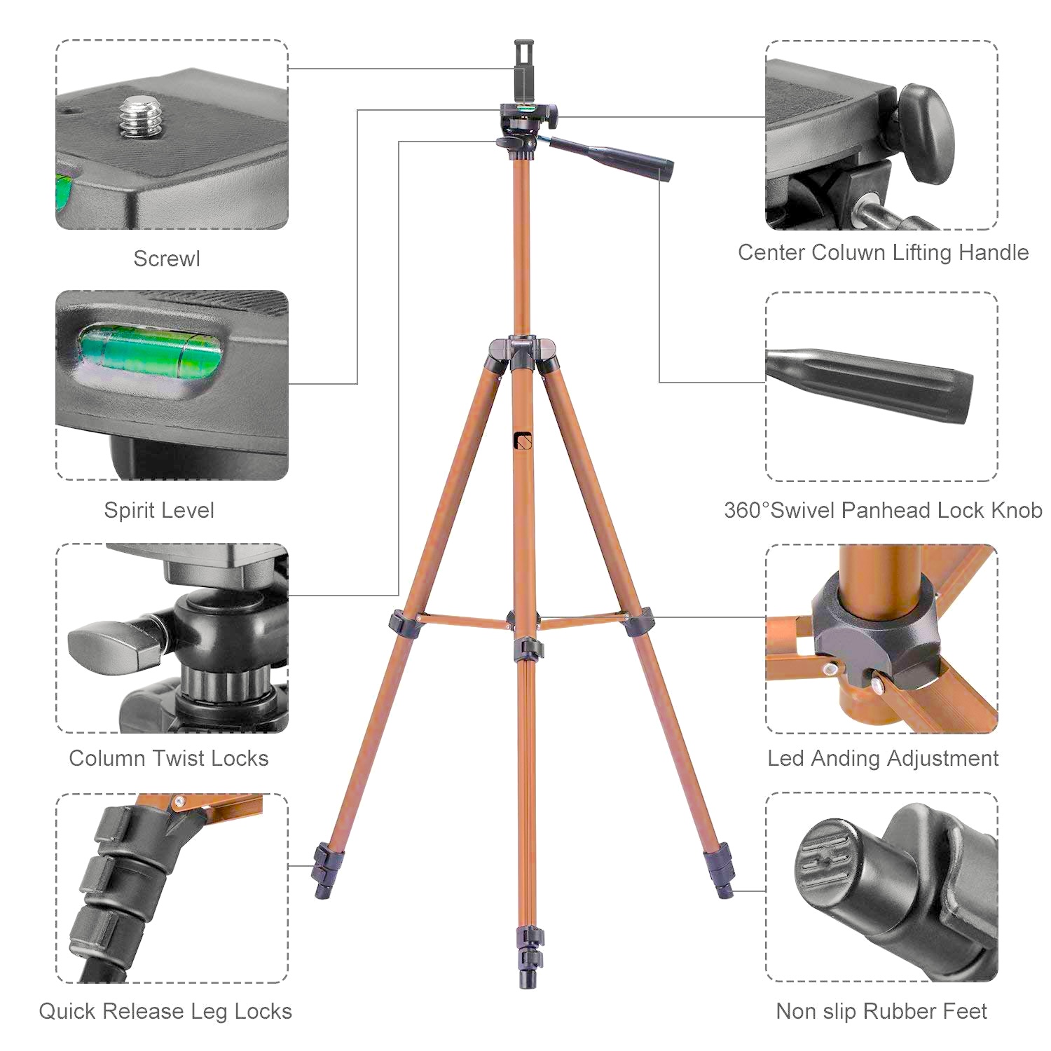 Premium 52-Inch Aluminum Camera Tripod with Smartphone Holder, GoPro Mount & Carry Bag – Lightweight Universal Stand for iPhone, Android, DSLR & Action Cameras (Max Height 133cm) Thumbnail 3