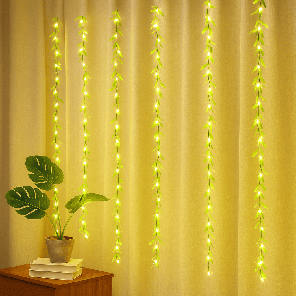 LeafDiya® 200 LED Artificial Leaf Curtain Lights – 8 Modes, Dimmable Fairy Lights for Bedroom, Garden & Festive Decoration (10x3 Ft, Green) Thumbnail 3