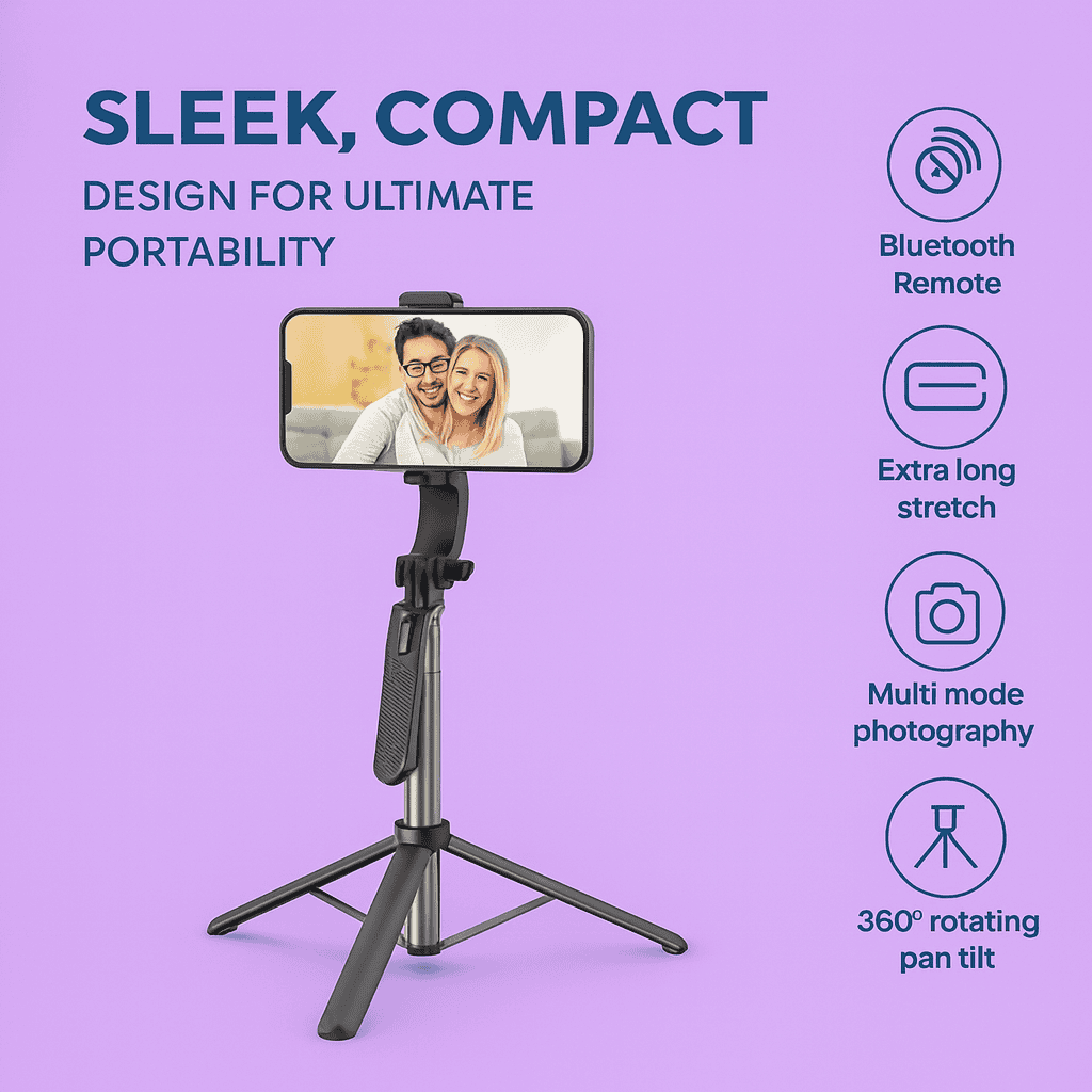 Vanguard Elite 65-Inch Selfie Stick Tripod with Reinforced 4-Leg Stand, 360° Rotatable Handle for Panoramic Shots, Detachable Bluetooth Remote - Premium Stability for Smartphones, GoPro, and Ring Lights Thumbnail 3